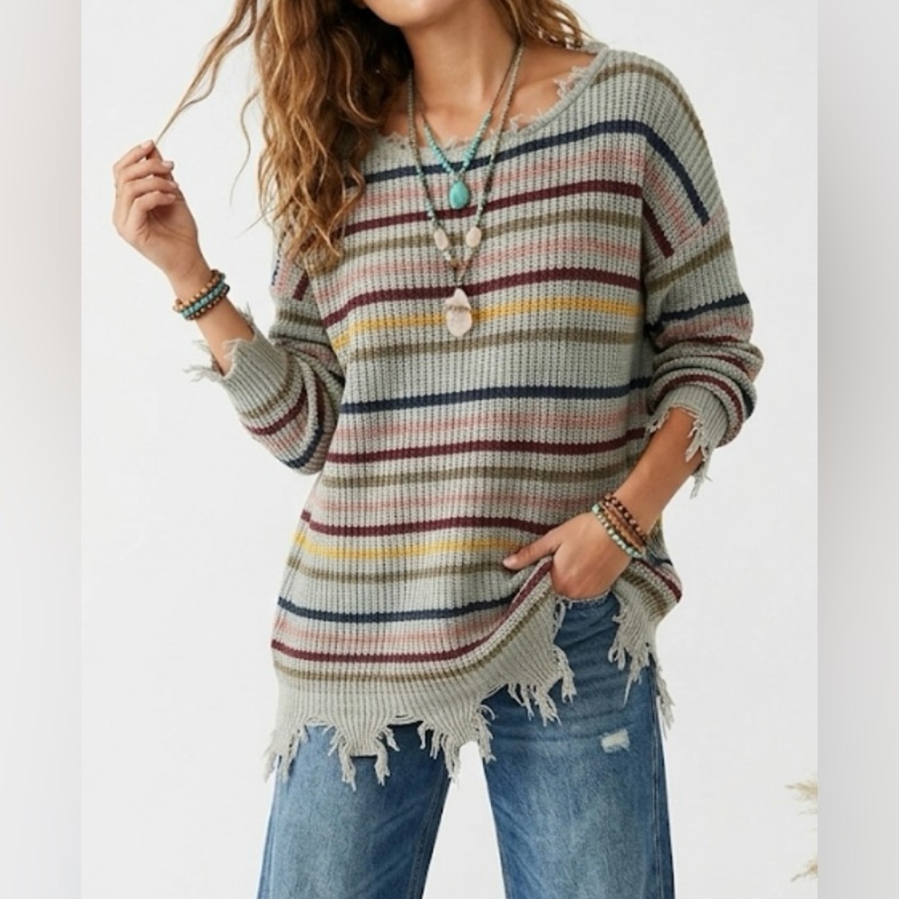 Distressed Gray Stripe Knit Sweater